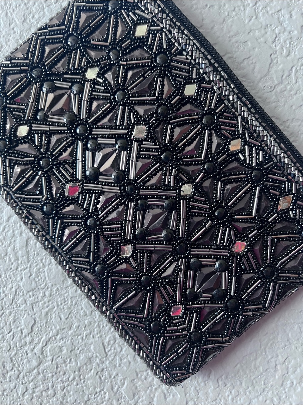 Black Beaded Evening Clutch Bag Geometric Sequin Cocktail Party Zipper Purse